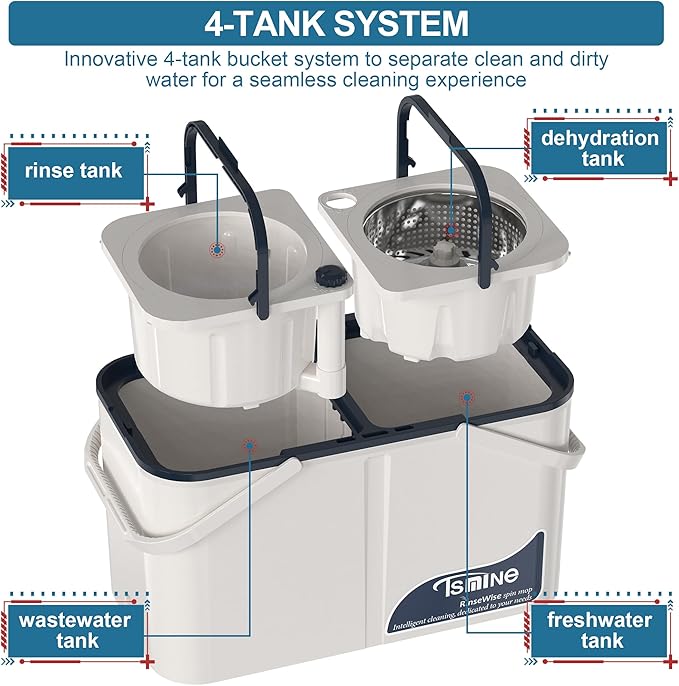Gen 1 Large-Capacity Spin Mop and Bucket – for Big Homes &amp Deep Cleaning Days4-Chamber System Separates Dirty &amp Clean Water 2-GAL Heavy-Duty Design with Wheels &amp 8 Refill Mop Heads - Whi