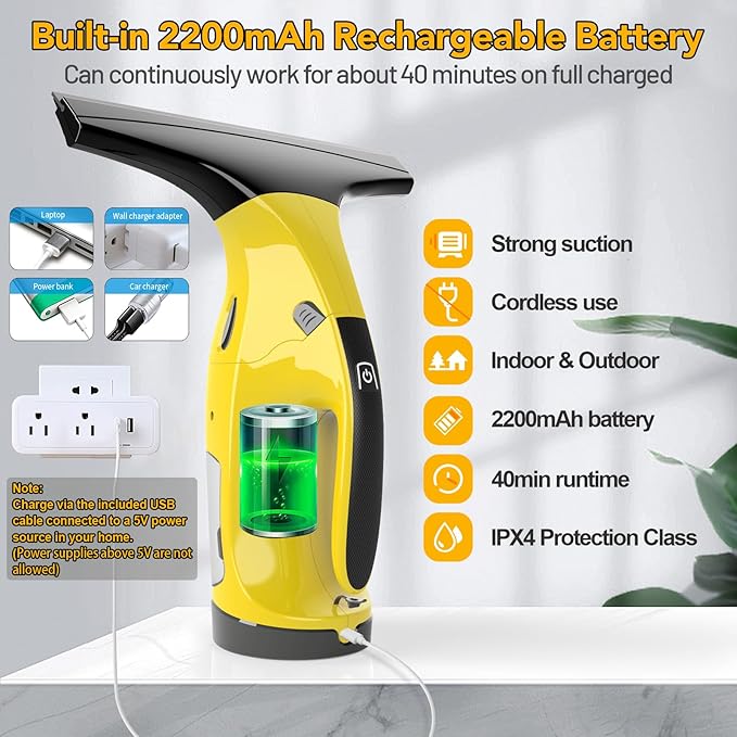 Rechargeable Window Vac Electric Window Vacuum Squeegee with 11 in. and 6.7 in. Squeegee Blades Cordless Window Vacuum Cleaner Set for Cleaning Windows Shower Doors Mirrors Tiles