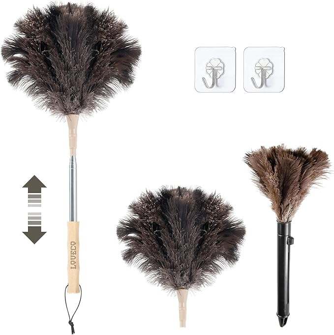 Ostrich Feather Dusters for Cleaning Kit - Reusable Soft Feather Duster Extendable to 49 inches for Cleaning Ceiling Fan High Ceiling Blinds &amp Retractable Small Duster for Keyboard Car
