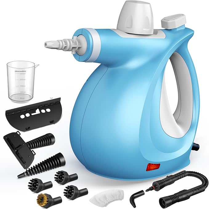 Pressurized Handheld Multi-Surface Natural Steam Cleaner with 12 pcs Accessories Multi-Purpose Steamer for Home Use Steamer for Cleaning Floor Upholstery Grout and Car (Blue)