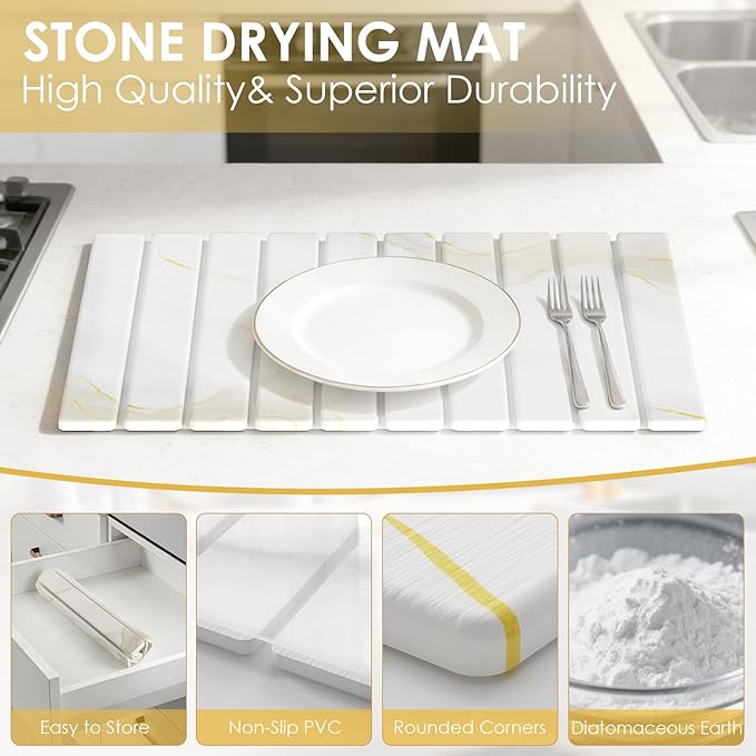 Stone Dish Drying Mat for Kitchen Counter 4-Piece Set with Diatomaceous Earth Dish Drying Mat Stone Faucet Mat and Small Drying Mat Super Absorbent Quick Dry for Dishes Cups Bottles
