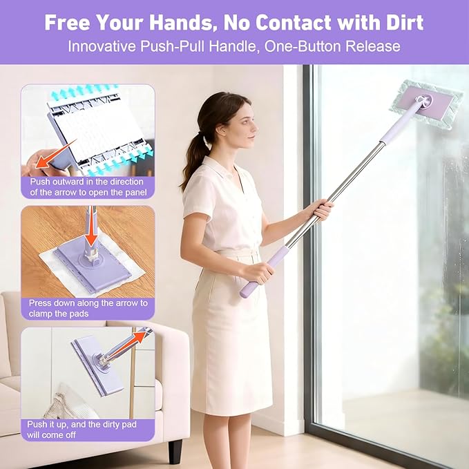 Lazy Mop Snap Grip Mini Mop for Dry &amp Wet Disposable Pads Cloth Changing &amp Zero Touch Mini Mopa with Sweeping &amp Mopping Long Handle Disposable Dust Mop for Hardwood Tile Floor Small S