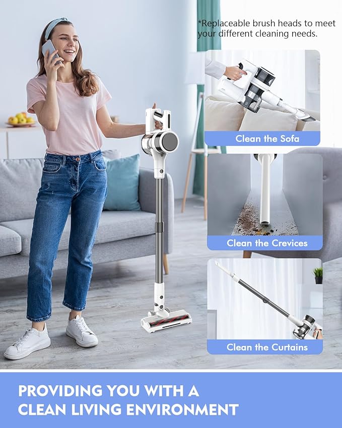 Cordless Vacuums 80000PRM Powerful Motor Vacuum Cleaner and 2200mAH Rechargeable Battery up to 35 Mins Worktime 2 Adjustable Modes Detachable Parts Wireless Stick Vacuum (Beige White)