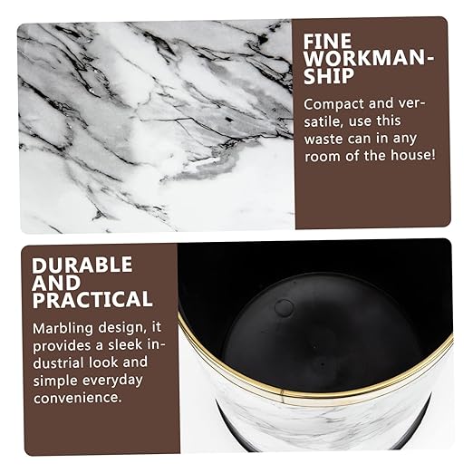 Marbling Plastic Wastebasket Lidless Trash Bin with Non Slip Base for Office Home Bathroom Bedroom Kitchen Round Decorative Garbage Basket for Spaces