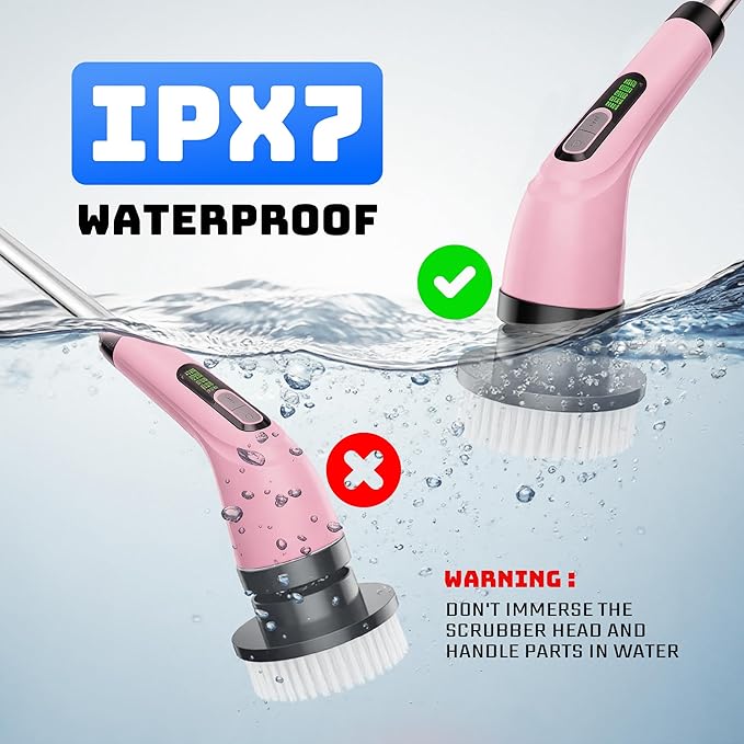Electric Spin Scrubber - Cordless Bathroom Scrubber with 7 Brush Heads - Dual Speed IPX7 Waterproof Power Scrubber for Heavy-Duty Bathtub Glass Tile and Car Cleaning (Pink)