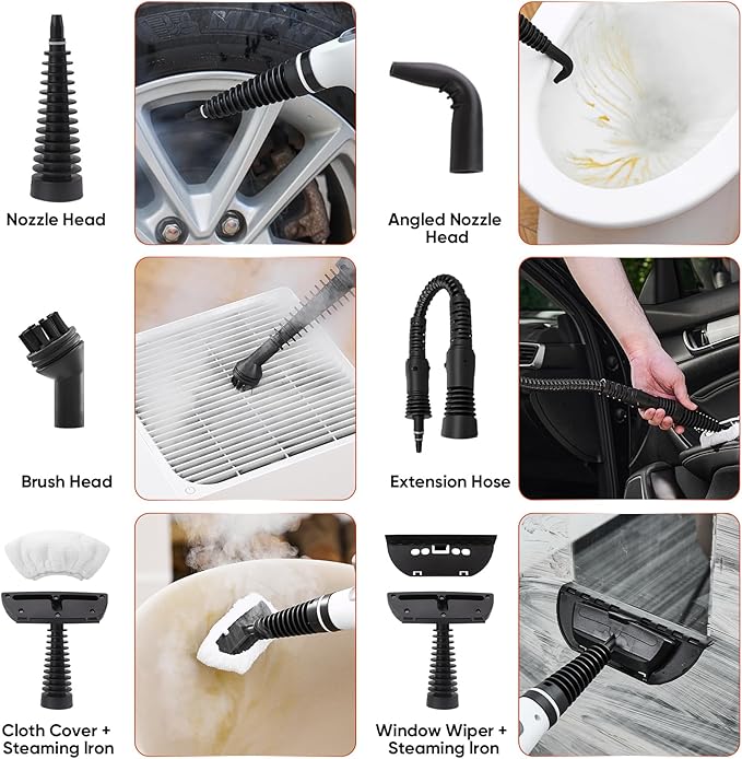 Steam Disinfection Cleaner Handheld Pressurized Steamer with 9-Piece Accessories for Multi-Surface Cleaning Natural Sanitization for Kitchen Floor (1 x Steam Cleaner Kit + 4 Fiber Cloths)