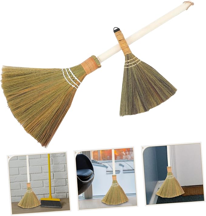 2pcs Natural Grass Material Handmade Soft Bristle Broom for Home Cleaning Sweep Straw Indoor