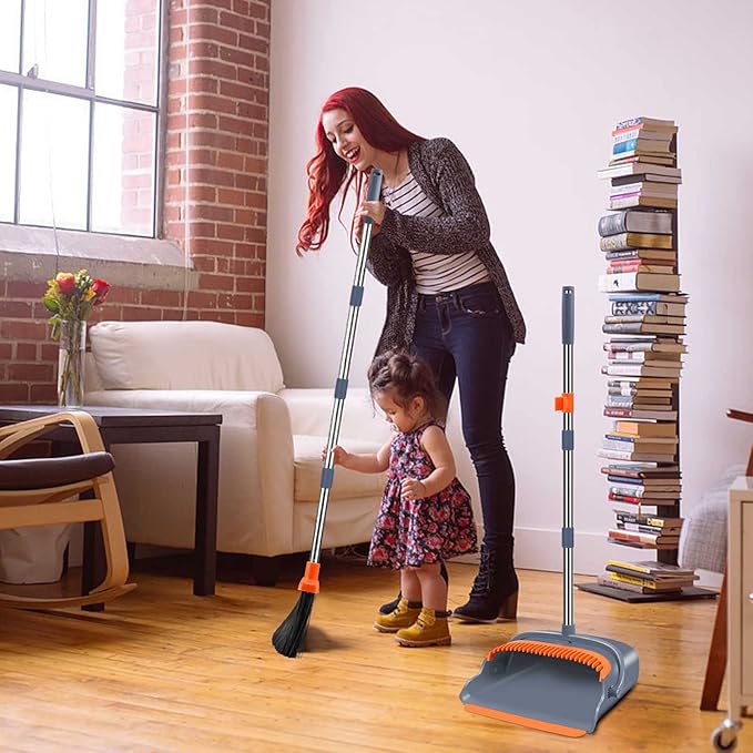 kelamayi Upgrade Broom and Dustpan Set Self-Cleaning with Dustpan Teeth Indoor&ampOutdoor Sweeping Ideal for Dog Cat Pets Home Use Stand Up Broom and Dustpan (Gray&ampOrange)