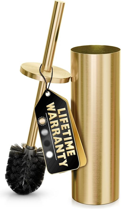 Gold Toilet Brush and Holder Set - Brushed Stainless Steel Gold Toilet Bowl Brush and Holder with Replacable Head Removable Inner Bowl and Splash Protection - Dense Bristles for Through Cleaning