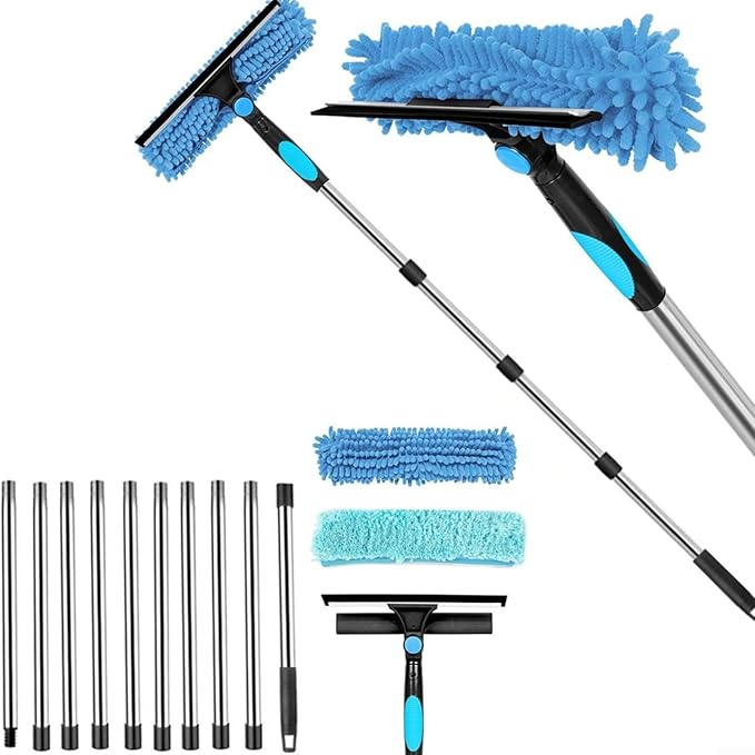 Double-Sided Window Cleaning Tool for Glass Surfaces High-Rise Reach Scraper with Stainless Steel Blade Ergonomic Handle for Easy Use 41 x 14 x 6 cm Silver and Blue(D)