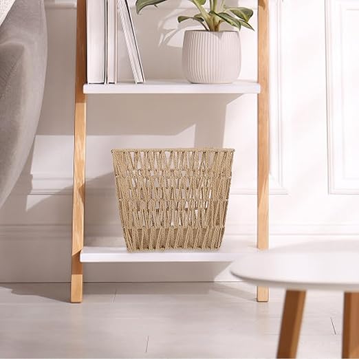 ARTIBETTER Woven Waste Basket Handcrafted Trash Can with Hollow Design 13.5 Inch Light Brown Woven Wastepaper Bin for Home Bathroom Kitchen Storage and Organization