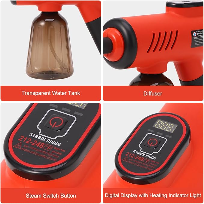 Asixxsix 1200W Handheld Steam Cleaner 600ML Portable High Pressure Steamer with 3 Temperature Settings Multi Purpose Digital Display Steam Cleaner for Kitchen Bathroom Floor Car (Red US Plug 110V)