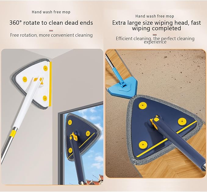 360° Rotatable Adjustable Cleaning MopTriangle Shaped Wall Mop with SqueegeeTelescopicLong Handle Microfiber DustWet and Dry Usefor WallCeilingWindowBaseboard-White||4 Cloth