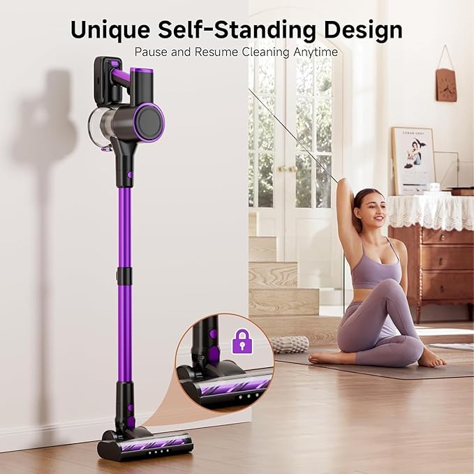 Cordless Vacuum Cleaner 500W/40Kpa Vacuum Cleaners for Home Stick Vacuum Cordless with LED Display Anti-Tangle &amp Wall Mount 8 in 1 Lightweight Vacuum for Hard Floors Pet Hair(Purple)