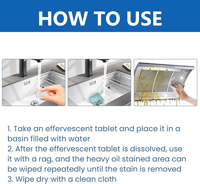 Powerful Kitchen Cleaning Effervescent Tablets - Remove Stubborn Grease On Range Hoods &amp Stovetops Without Disassembly(3PCS)