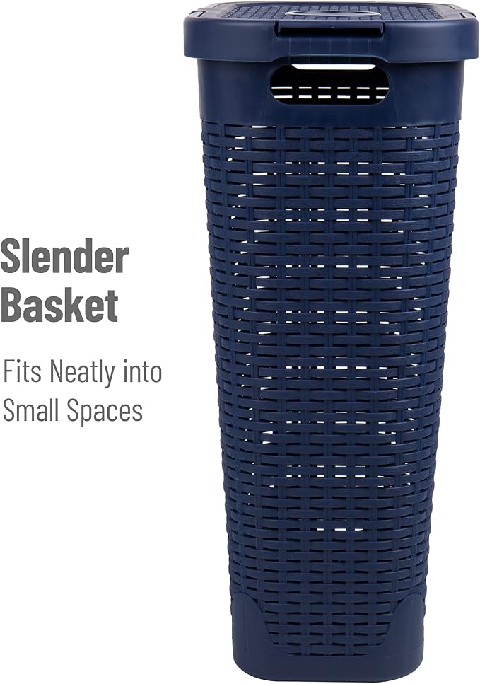 Mind Reader Slim Laundry Hamper with Lid 40L Clothes Basket Narrow Tapered Design with Ventilated Cutout Pattern Plastic Navy