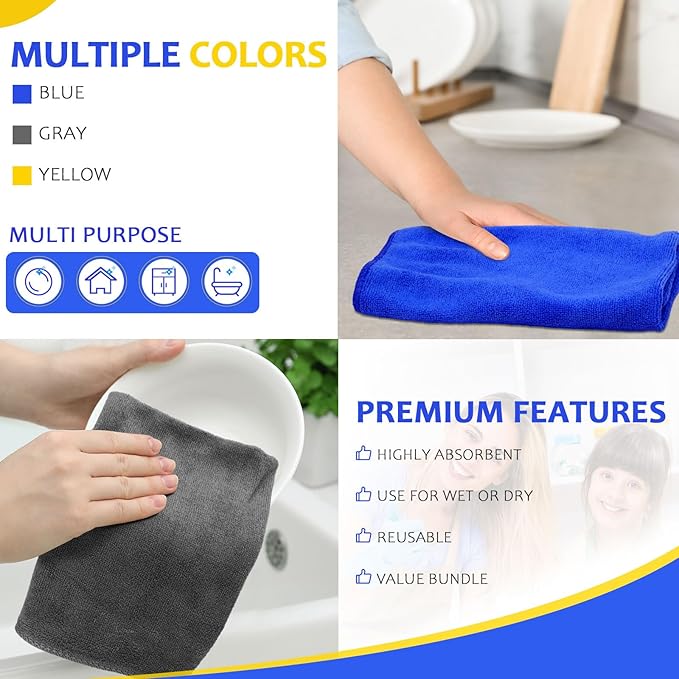 Nuenen Microfiber Cleaning Cloths for Cars 16 x 16 Inch Ultra Absorbent Car Towels Drying Reusable Cleaning Supplies House Kitchen Window Microfiber Towel(Blue Gray Yellow60 Pcs)