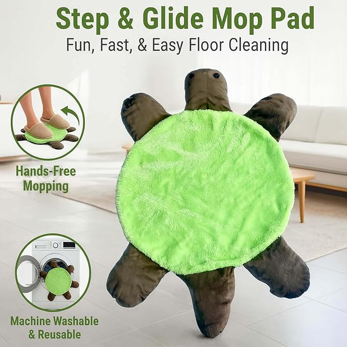 Floor Turtle Foot Mop – Cute Turtle-Shaped Foot Mop Pad with Double-Sided Microfiber Hands-Free Floor Cleaning for Hair Pickup Washable Reusable Pad for Home and Office Floors (Green *3)