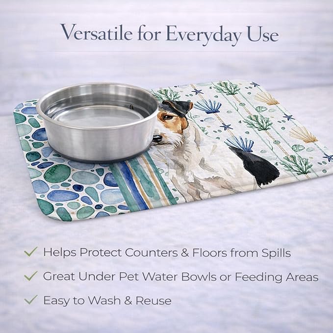 Caroline's Treasures Smooth Fox Terrier Coastal Sea Glass Dish Drying Mat Absorbent Dish Drying Mat Pad for Kitchen Counter Dish Drainer Mat for Countertop 14 x 21 Multicolor