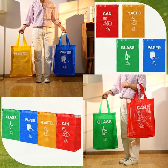 4 Pcs Recycling Bin Bags Separate Recycle Bin Waterproof Waste Baskets Recyclable Waste Trash Sorting Organizer for Home Office Kitchen Battery Can Paper Plastic and Glass