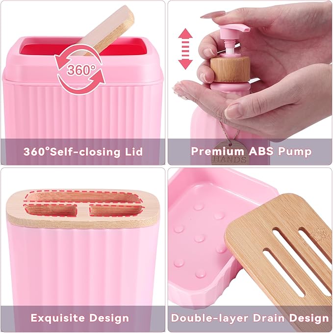 Bathroom AccessoriesBathroom Set with Shower CurtainRugsTrash CanLotion Soap DispenserToothbrush HolderSoap Dish Tags with Tray（Pink1 ）（Bath Set+Shower Curtain+Bath Rugs）