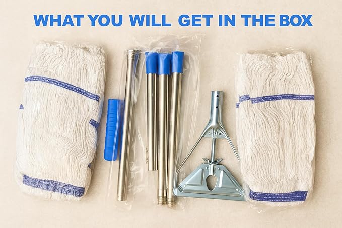 Heavy‑Duty Looped‑End String Wet Mop with Extra Mop Head – 59″ Stainless Steel Pole Large 450 g Cotton Yarn Head for Commercial &amp Industrial Cleaning with Extra Mop Head