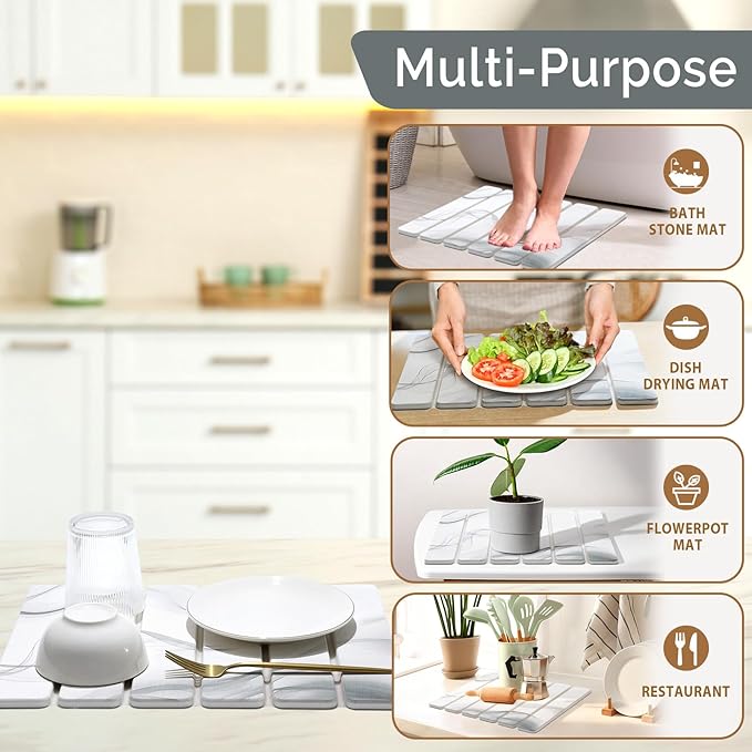 Small Stone Dish Drying Mat for Kitchen Counter 2 PCS 16×12 &amp 8x4 Quick Dry Stone Mats Foldable Water Absorbing Diatomaceous Earth Drying Dish Pad for Countertop Bottle Utensil Cup(White Gra