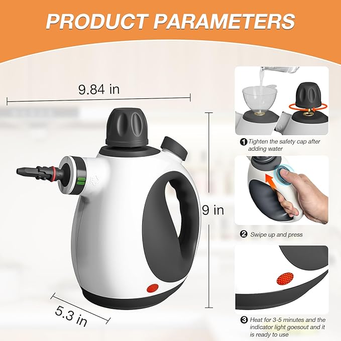Handheld Steam Cleaner Pressurized Multi-Purpose Natural Steamer with 12 pcs Accessories Steamer for Cleaning Car Bathroom Countertop Upholstery Shower Couch Tile Grout Window Grease