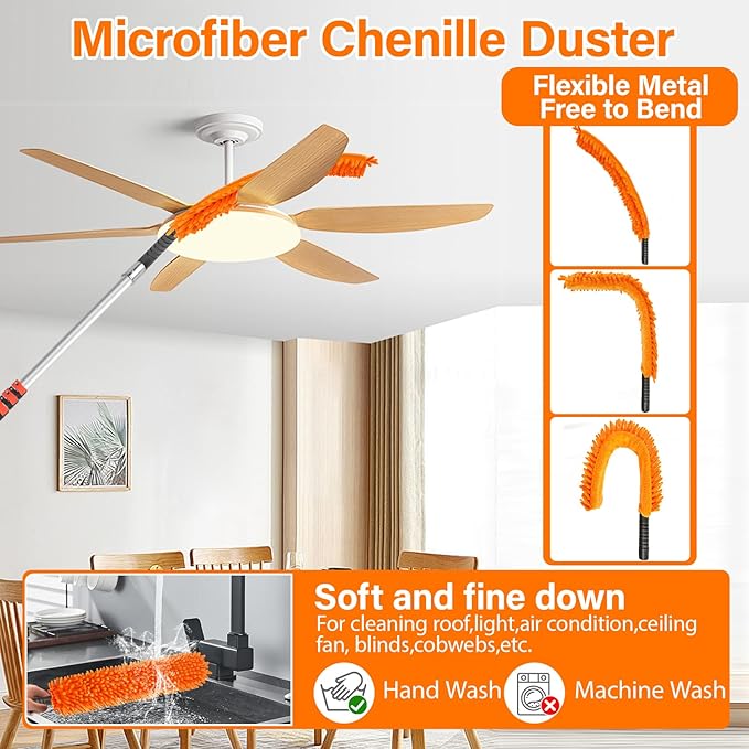 30FT High Reach Duster Cleaning Kit with 5-24 FT Extension PoleHigh Ceiling Dusting and Window Cleaning Kit with Microfiber Feather DusterCobweb DusterCeiling Fan DusterWindow Squeegee Cleaner