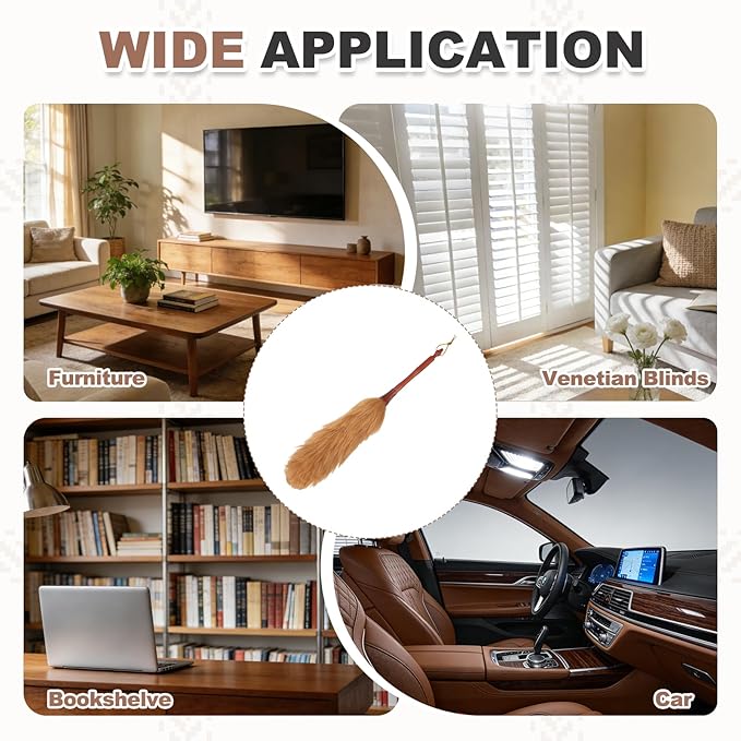 uxcell Wool Duster 20.5 Natural Feather Cleaner Household Cleaning Duster with Solid Wooden Handle for Cleaning Fans Window Blinds Shelves Furniture Light Brown