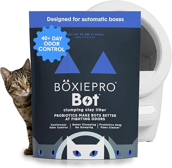 BoxiePro Bot Probiotic Cat Litter for Automatic Litter Boxes 40+ Day Odor Control Clumping Clay Kitty Litter Odor Eliminating Probiotics Low Dust No Fragrances 16 lb