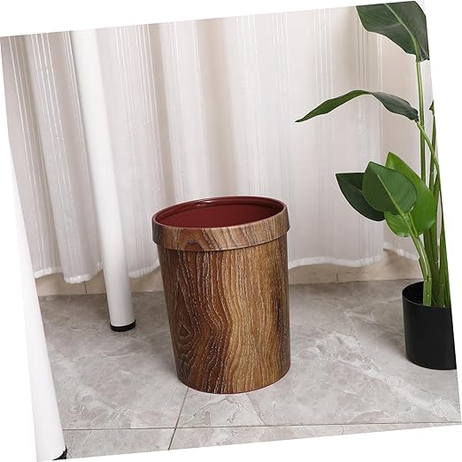 Vintage Wood Grain Wastebasket Small Trash Can with Pressure Ring Design for Kitchen Bathroom Bedroom Living Room Storage