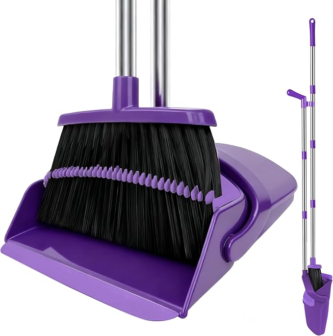 Purple Broom with Dustpan Combo Set 51 Long Handle Household Cleaning Tool Ideal Broom and Dustpan Set for Pet Hair and Home Use