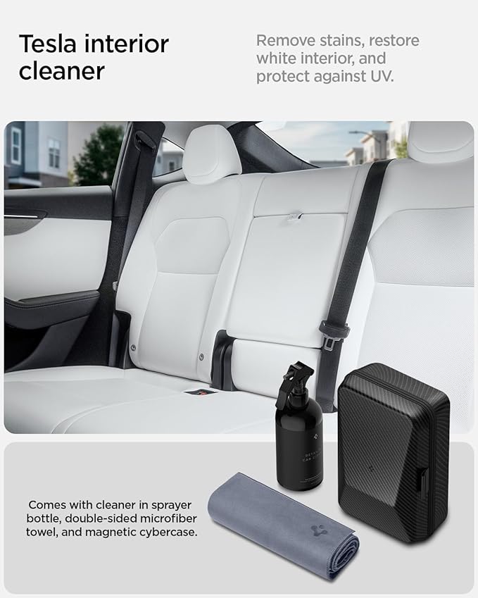 Spigen Car Interior Seat Cleaner &amp Stain Remover [Safe &amp Eco-Friendly Solution] Kit with CyberCase &amp Double-Sided Microfiber Towel Accessories for Tesla White/Black Leather Seats Dashboar