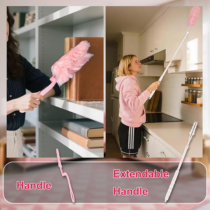 ITTAR 30 Count Duster Refill kit Dust Cleaning Supplies with Extension Pole Fan Feather Dusters with 2 Types Handle for Cleaning Home Celling Fan Blinds Furniture Vent &amp Shelves-Pink