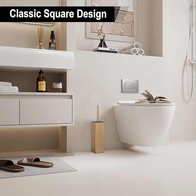 BGL Toilet Brush with Holder for Bathroom Matte Brushed Brass Aluminium Standing for Bathroom Toilet Bowl Cleaner Brush and Holder Set Square Design