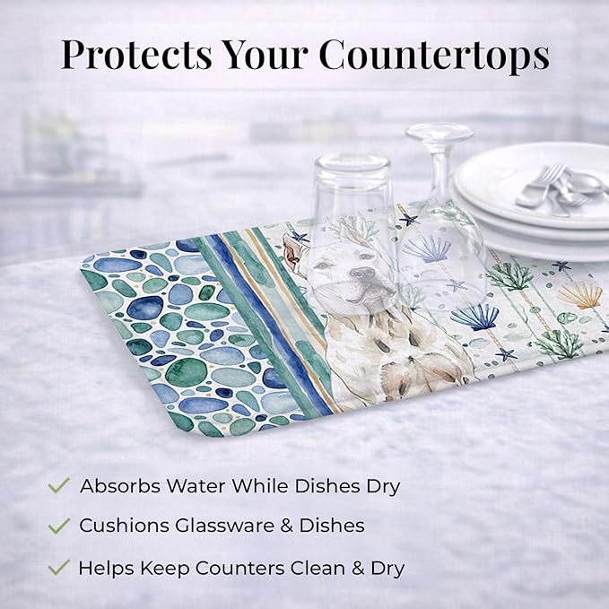 Caroline's Treasures Dogo Argentino Coastal Sea Glass Dish Drying Mat Absorbent Dish Drying Mat Pad for Kitchen Counter Dish Drainer Mat for Countertop 14 x 21 Multicolor