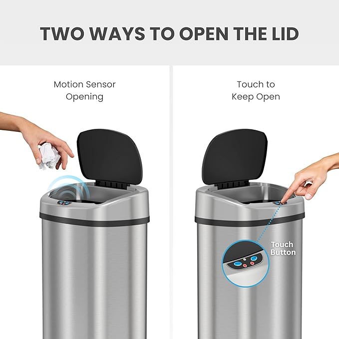 SensorCan 13 Gallon Touchless Sensor Odor Control System Stainless Steel Oval Shape Automatic Garbage Bin Base Model Trash Can