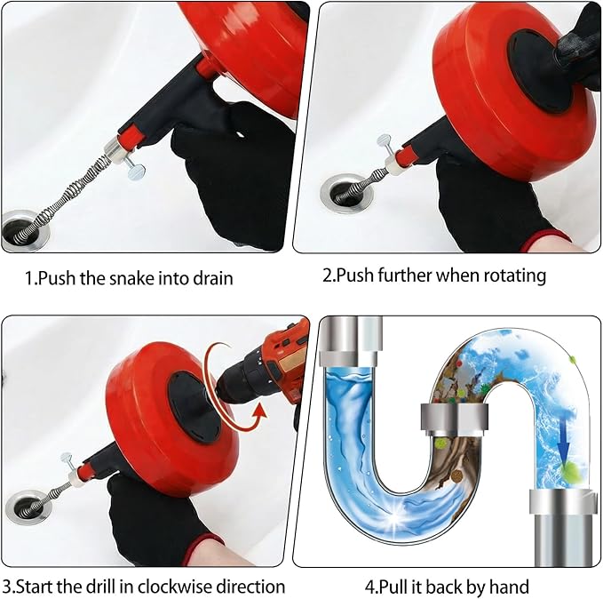 50 Ft Drain AugerUse Manually or Drill Powered 50 Feet Drain SnakeHeavy Duty Flexible Plumbing SnakeWith Gloves and Storage Bag for Kitchen Sink Shower Drain (50FT Red)