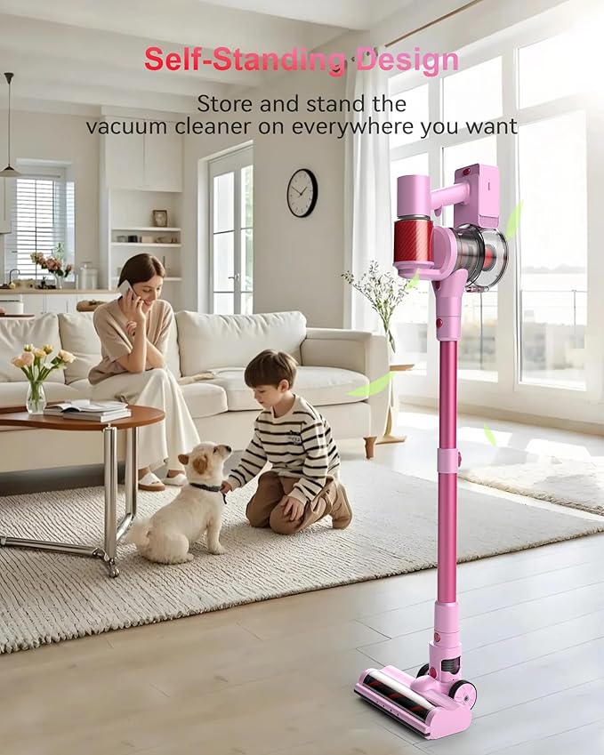 Pink Cordless Vacuum Cleaner 45Kpa/550W/60 Mins Runtime Stick Vacuum with Self-Standing and Touch Screen Anti-Tangle Wireless Vacumm Vacuum Cleaners for Home/Pet Hair/Carpets/Floors