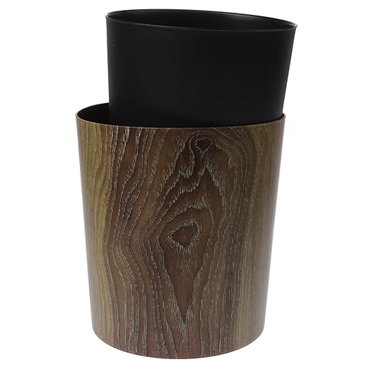 Vintage Wood Grain Trash Can Compact Round Wastebasket for Bathroom Kitchen Living Space Saving Home Garbage Container with Large Capacity and Multifunctional Use