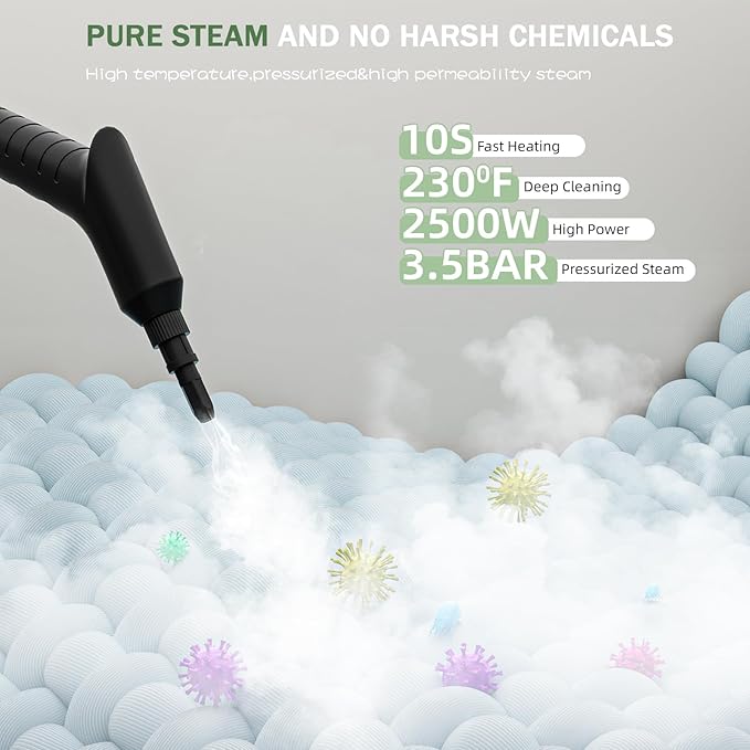 Handheld Steam Cleaner 2500W10s Fast Heat-Up &amp 50.73OZ Large TankPressurized Portable Steamer with 9 Accessories for HomeCarKitchenBathroomFloorsGroutTileUpholstery