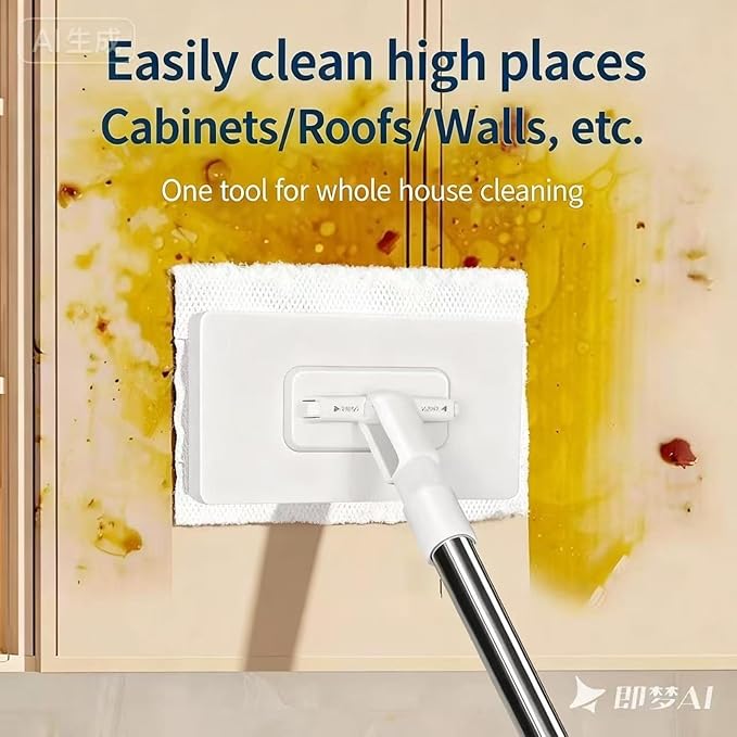 One-Button Press Mop with Automatic Paper Change System Extendable Handle White and Silver for Whole House Cleaning Floors Walls High Places
