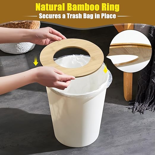 White Trash Can for Bedroom with Bamboo Lid 2.4 Gallon Open Top Trash Can 2 Pack Modern Aesthetic Garbage Can for Room Office Living Room Small Bathroom Trash Bin Boho Style
