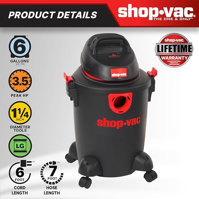 Shop-Vac 5985005 6 Gallon Wet/Dry Vacuum 3.5 Peak HP 1.25 Inch Diameter x 7 Foot Hose 6 Foot Cord Ideal for Home Garage and Workshop Cleaning