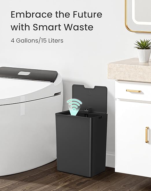 Cesun 2 Pack 4 Gallon Bathroom Trash Can with Lid Small Automatic Trash Can Touchless Motion Sensor Garbage Can Black Plastic Waste Basket for Bathroom Bedroom Toilet Office Rv
