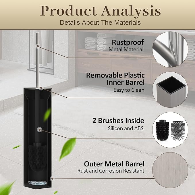 Toilet Brush and Holder Wall Mounted Brushed Nickel Aluminum with 2 Replaceable Heads Bathroom Toilet Brush Drill or 3M Adhesive Mount for Bathroom
