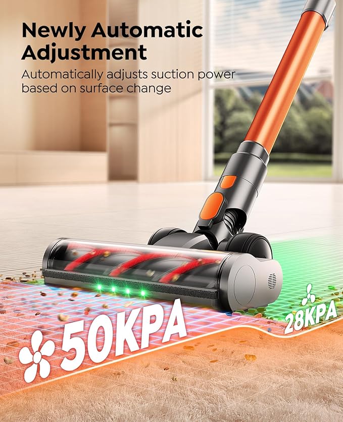 Fieety Cordless Vacuum Cleaner 600W/50KPa/65Min Runtime Stick Vacuum with 3.3Ft Hose Wall Mount Charging Auto Mode Touchscreen Self-Standing Vacuum Cleaner for Home/Pet Hair/Carpet/Car Fragrance