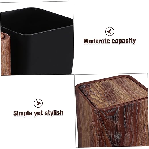Elegant Swing Lid Waste Basket Imitation Wood Grain Trash Can for Kitchen Bathroom