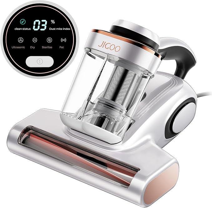 JIGOO Bed Vacuum Cleaner with Dust Sensor Mattress Vacuum Cleaner with UV &amp Ultrasonic and High Heating 13Kpa Suction 500W Powerful Double-Cup Handheld Vacuums (J300 Corded)